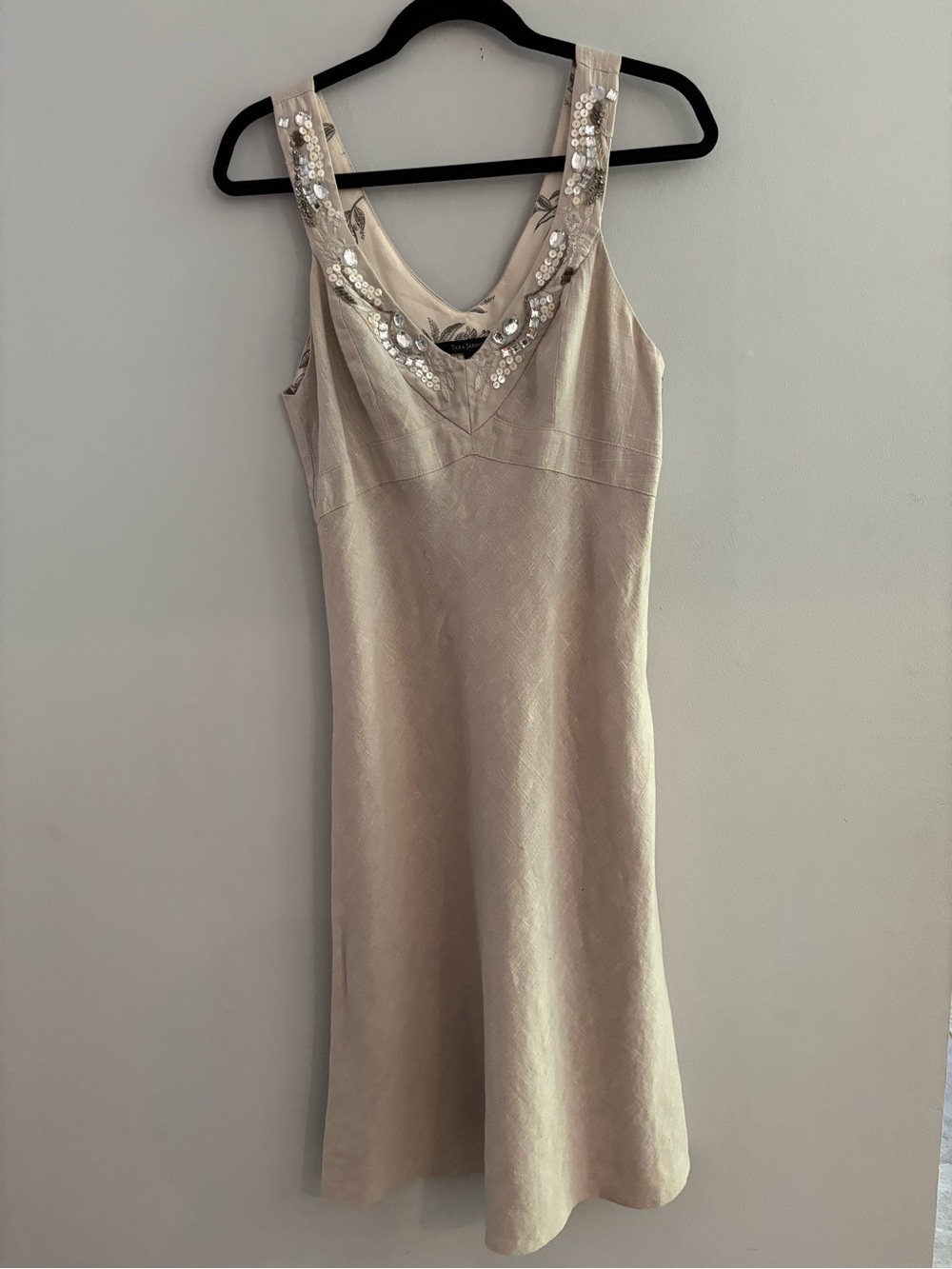Tara Jarmon Vintage Linen Silk Sequin Embellished Slip Dress Oatmeal Beige Sz 42